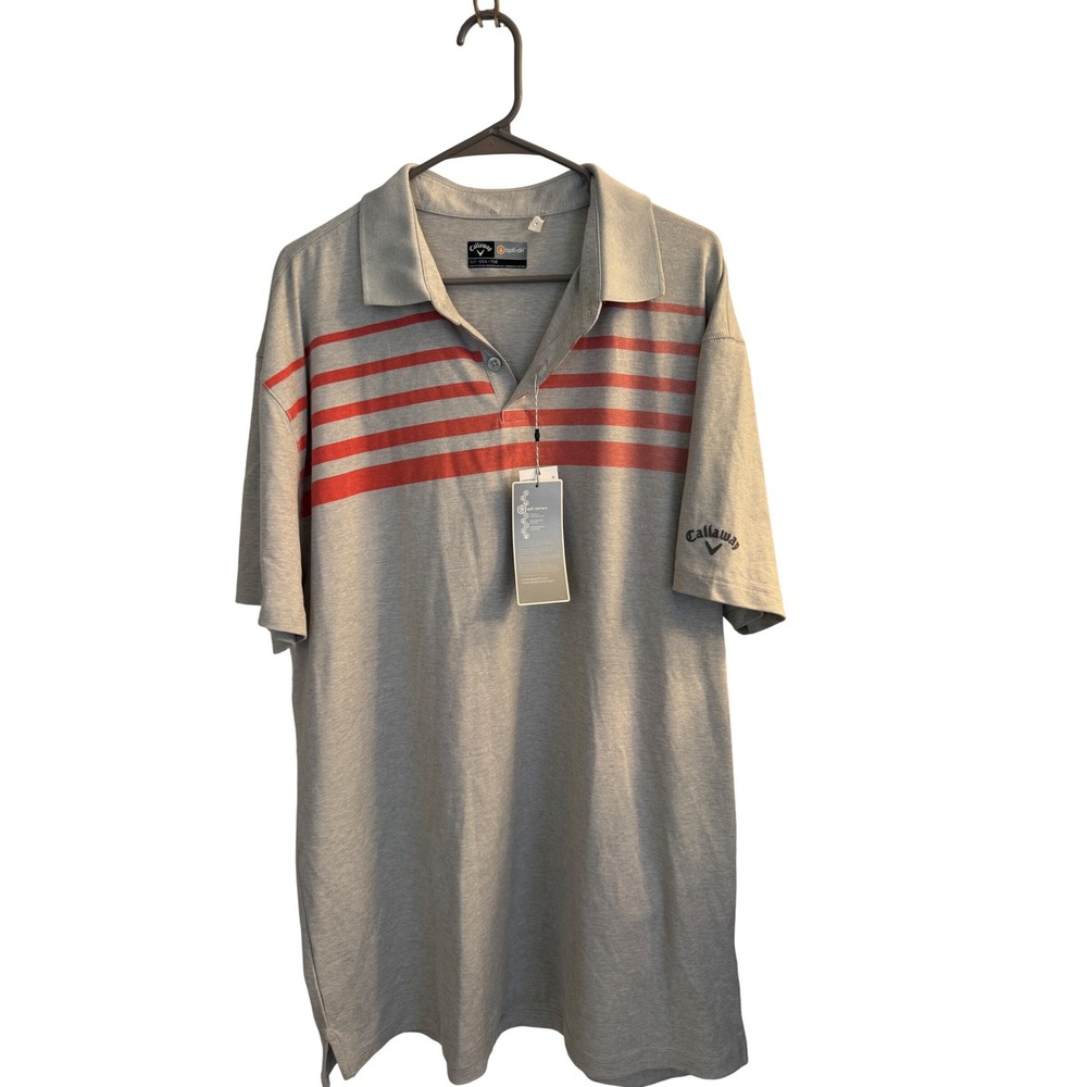 Callaway Polo Shirt Mens XLT Grey Red Opti-Dri Striped Short Sleeve Golf